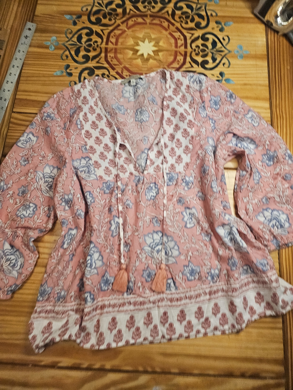 Boho Floral V-Neck Tunic in Dusty Pink and Blue